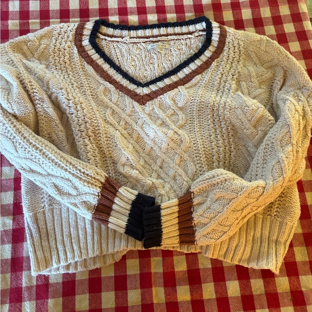American Eagle Sweater Women XL Ivory Pullover Cable Knit V-Neck Preppy Crop
